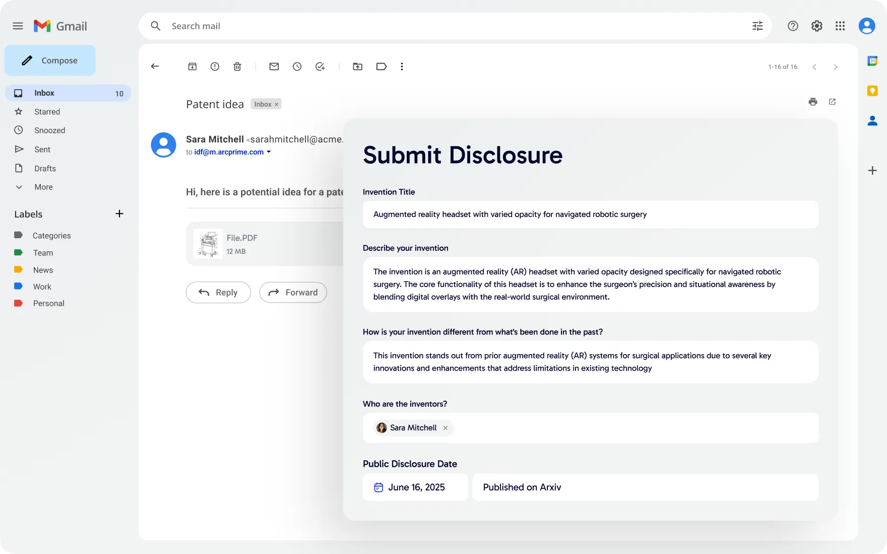 ArcPrime turning an inventor email into a structured invention disclosure