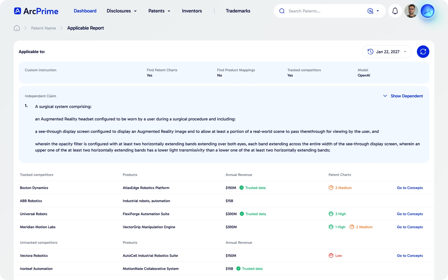 ArcPrime deep research report listing companies whose products practice a patent claim, with revenue and claim chart strength