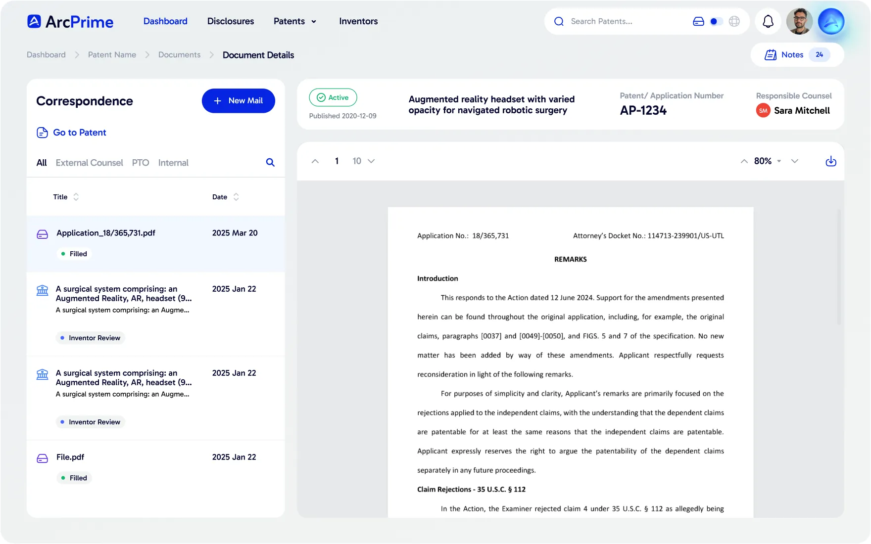 ArcPrime prosecution view showing patent correspondence next to an office action response