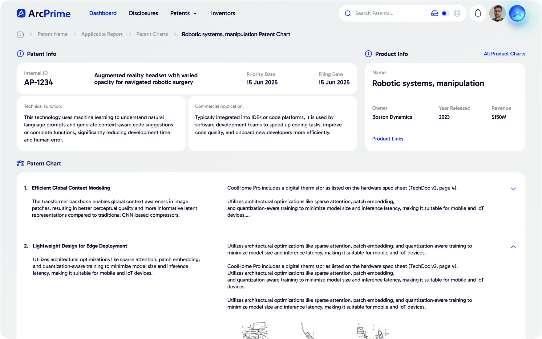 ArcPrime patent chart mapping claim elements onto a product